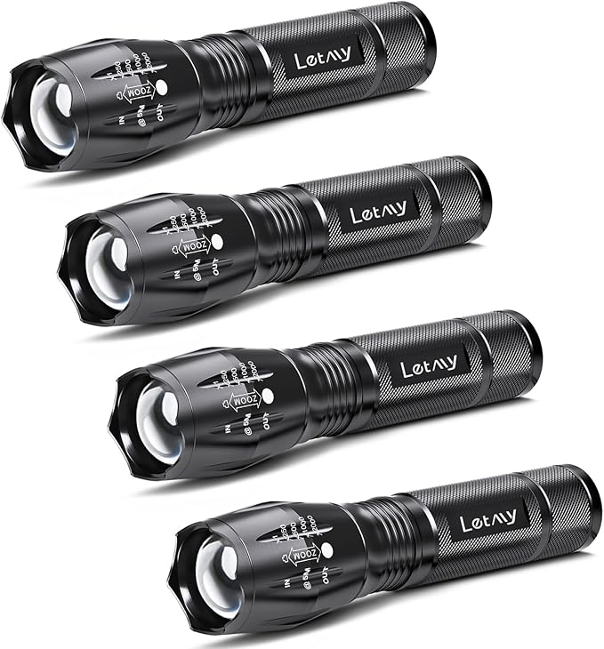 LETMY LED Tactical Flashlight S2000 [4 Pack] - High Lumens, Zoomable, 5 Modes, Waterproof Handheld LED Flashlight - Best Camping, Outdoor, Emergency, Everyday Flashlights