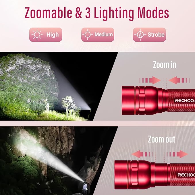 RECHOO Rechargeable Flashlights High Lumens, G1000 Super Bright Flash Light, Small Zoomable LED Flashlight with 3 Lighting Modes, Portable Tactical Flashlight, Gift for Women(Battery Included)-Red