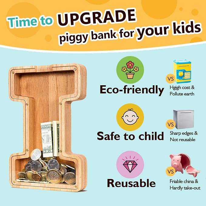 SummiDate Wooden Letter Piggy Bank| Piggy Bank for Boys Girls Toddler| Alphabet I Money Bank| Coin Bank Birthday Gift for Kids|Birthday Gift for Kids (I)