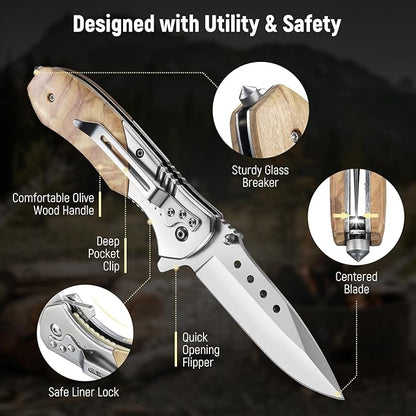 Folding Pocket Knife - 3.46" Sharp Blade Olive Wood Handle Pocket Knives with Clip, Glass Breaker - EDC Knife for Dad Women Tactical Hunting Survival Camping Fishing Hiking - Sliver