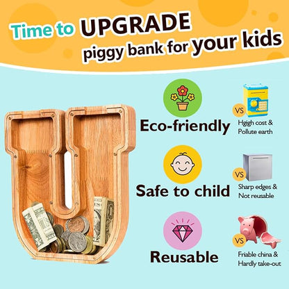SummiDate Wooden Letter Piggy Bank| Piggy Bank for Boys Girls Toddler| Alphabet U Money Bank| Coin Bank Birthday Gift for Kids|Birthday Gift for Kids (U)