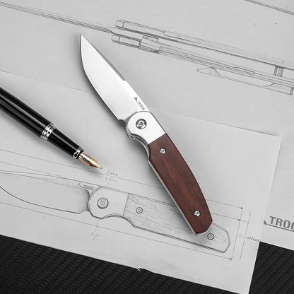 Small EDC Knife 2.8", Pocket Knife D2 Steel Point Blade Wood Handle - flipper Folding Knife for Men Women - Daily Carry Office Camping Hiking