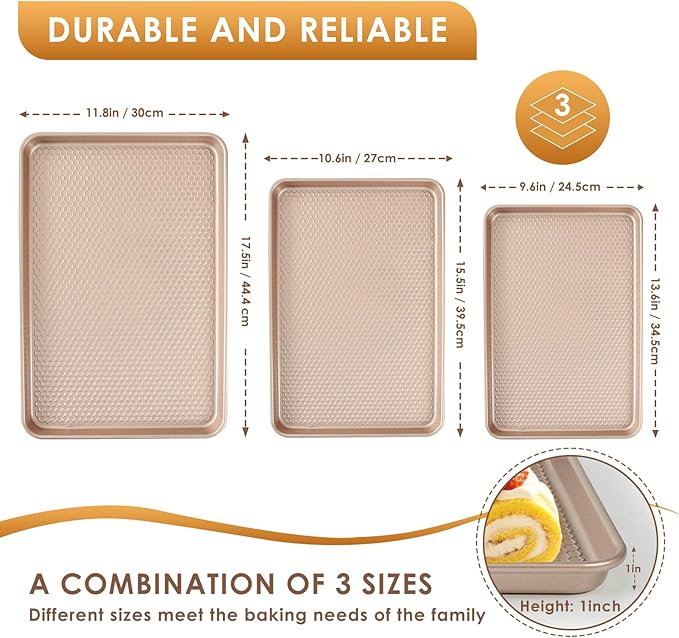 Baking Sheet Pan Set of 3, Nonstick Carbon Steel Cookie Sheets