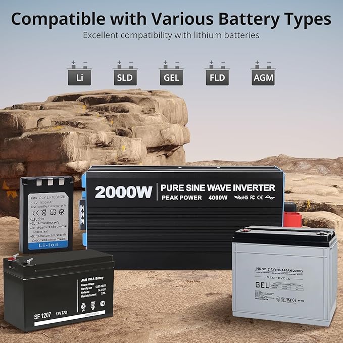 2000W Pure Sine Wave Inverter, 1 USB Port 5v/2.1a, LCD Display&Remote Controller