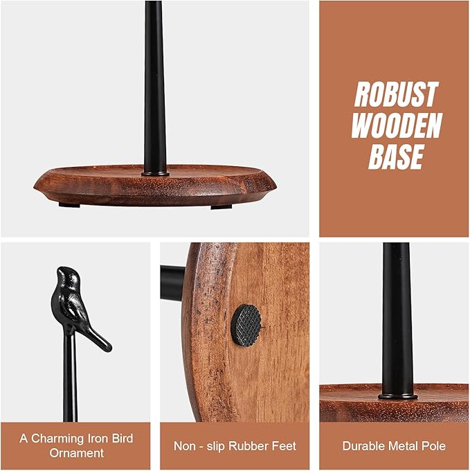 Wooden Paper Towel Holder countertop, Stylish Bird Shaped, Solid Wood Base&Iron