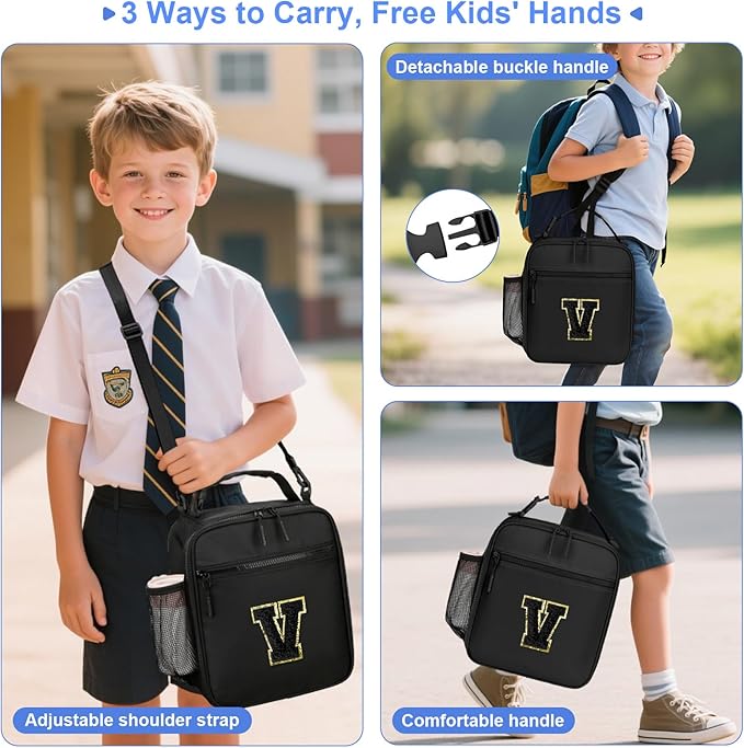 Initial Insulated Lunch Bag for Boys Kids, Back to School Gift, Reusable Leak-proof Lunch Box with Adjustable Strap for School Daycare Travel Picnic（Black，V）