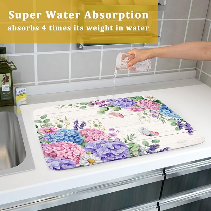 Hydrangea Floral Dish Drying Mat 18x24 inch Spring Summer Decorative Fast Dry