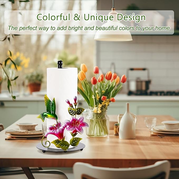 Flower & Hummingbird Decor Paper Towel Roll Holder Countertop
