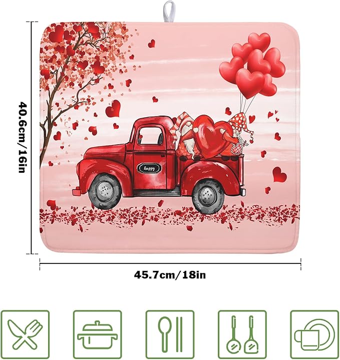 Valentine's Love Truck Dish Drying Mat, Valentine Red Gnomes Dish Drying Mat
