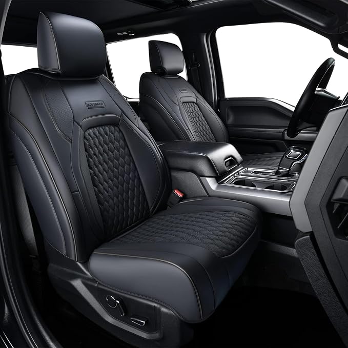 Coverado Full Set F150 Seat Covers, Waterproof Faux Leather Full Coverage Protector for 2015-2026 Ford F150 & 2017-2026 F250 F350 F450 Crew Cab, Black Truck Interior Car Seat Cushion Covers