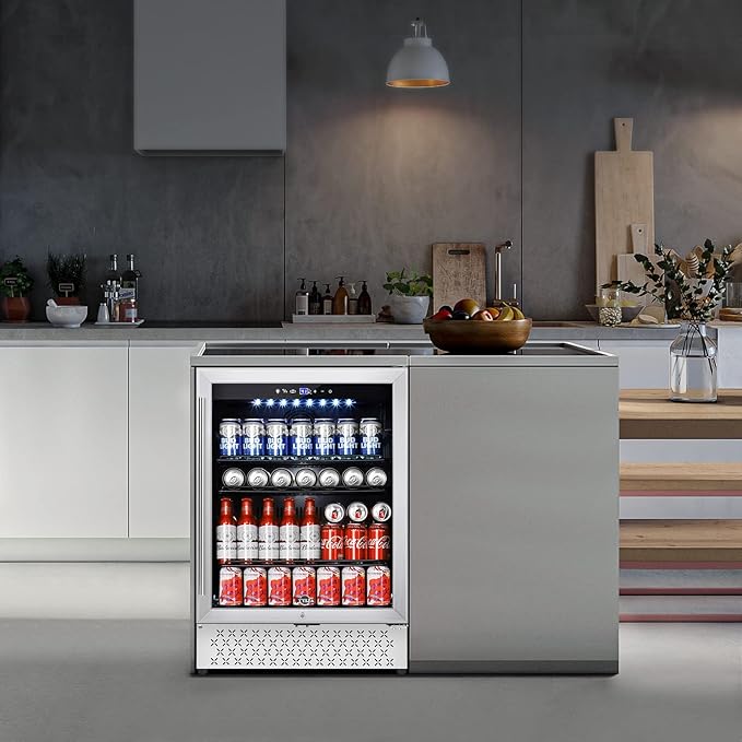 Tylza 24 Inch Beverage Refrigerator, 190 Can Capacity, Glass Door, Advanced