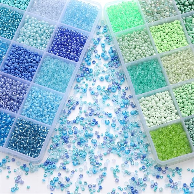 15 Color 4mm Small Assorted Glass Seed Beads,3mm Bugle Beads Friendship Bracelet Kit,2mm Tiny Tube Bead for Jewelry Making(Blue)