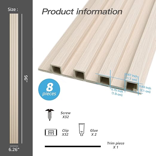 Art3d 8-Pack 96 x 6in. WPC Acoustic Slat Wall Panel