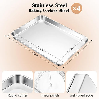 E-far Baking Sheets Set of 4, 16” x12” x 1” Stainless Steel Cookie Sheets Pans