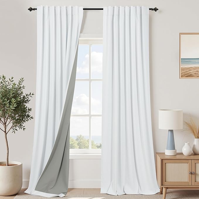 KOUFALL 102 Inches Long Curtains, Linen Blackout White Back Tab Pleated Curtains
