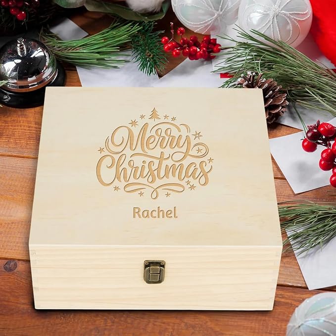 Personalized Christmas Eve Box Custom Engraved Wooden Memory Box Party Favor Xmas Traditional Santa Gift Box for Kids Family Friends - Rustic Memento Keepsake Box Perfect Holiday Gifts for Him Her