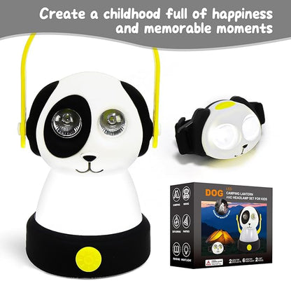 Outdoor Kids Camping Lanterns & Headlamp Set, Battery Powered Night Light, Lightweight LED Equipment, Birthday Christmas Gift (Dog Set)