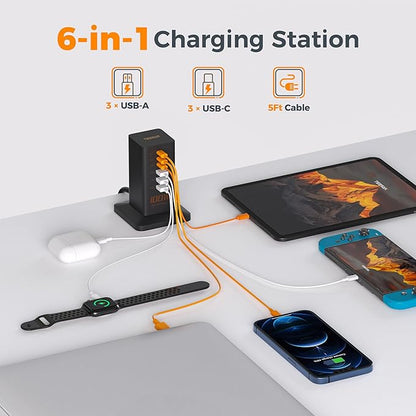 USB C Charger Blcok PD 100W, TESSAN 6-in-1 Charging Station
