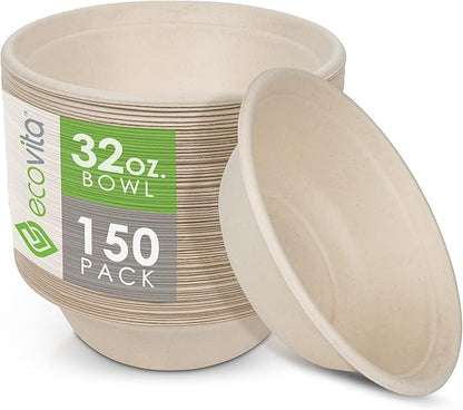 Ecovita 100% Compostable Paper Bowls [32 oz.] – 150 Disposable Bowls Eco Friendly Sturdy Tree Free Liquid and Heat Resistant Alternative to Plastic or Paper Bowls