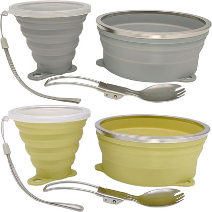 Mess Kit for Camping Silicone Collapsible Bowl Collapsible Cup and Stainless Steel Spoon for Backpacking Outdoor Hiking Traveling and Picnic - 2 Pack