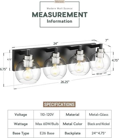 METWET Bathroom Light Fixtures, 4-Light Black and Brushed Nickel Bathroom