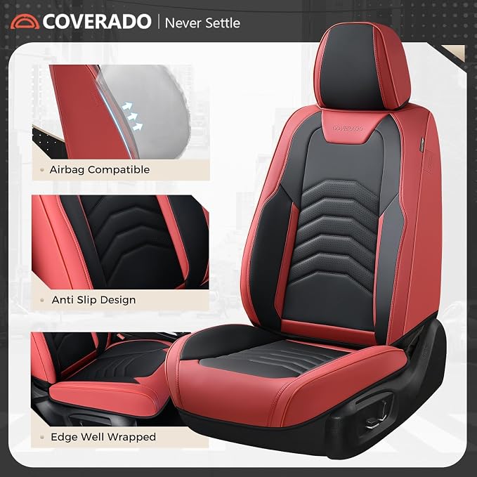 Coverado Seat Covers, Front and Back Seat Covers for Cars, Car Seat Cover, Car Seat Protector Waterproof, Car Seat Cushion Faux Leather, Seat Covers Carseat Cover Universal Fit for Most Cars Red&Black