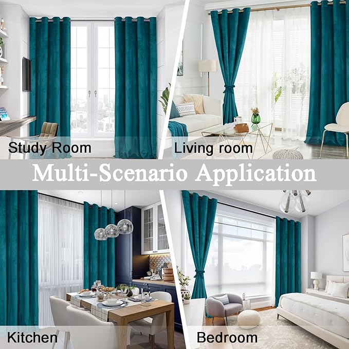 JIUZHEN Teal Velvet Curtains 72 inches Blackout Curtains