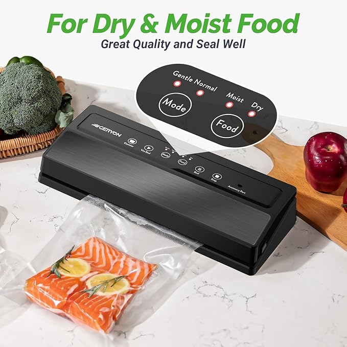 GERYON Vacuum Sealer Machine, Food Vacuum Sealer with Powerful Suction | Slim Design | Easy to Use | Led Indicator Lights for Sous Vide, Meal Prep, w/Starter Kits for Vacuum Seal Container (Black）