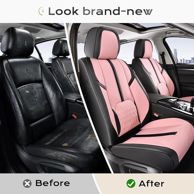 Coverado Leather Seat Cover Full Set, Waterproof Car Seat Covers with Lumbar Support, Front and Rear Seat Covers for Car, Universal Car Seat Protectors Car Seat Cushion Fit for Most Cars (Black&Pink)