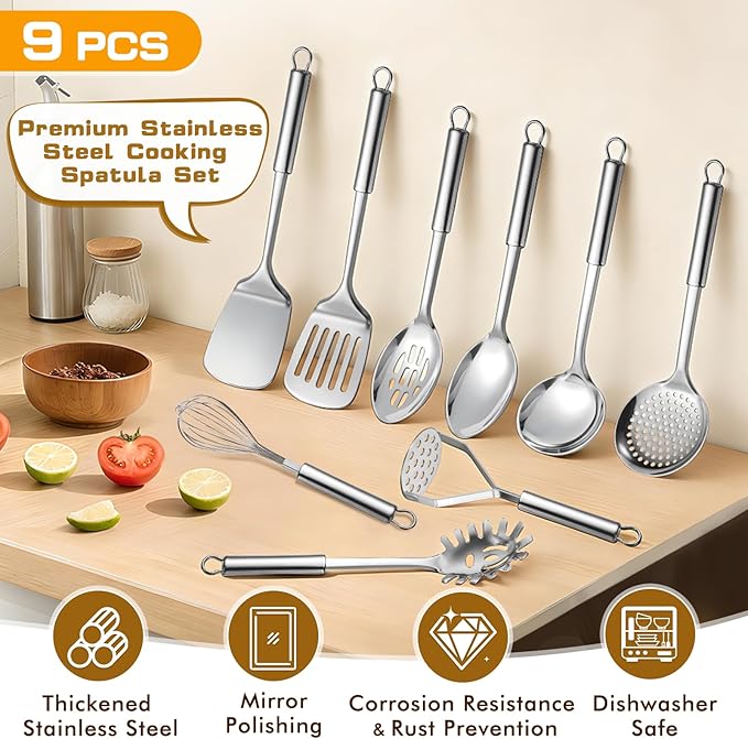 9 Pcs Cooking Utensils Set, Stainless Steel Kitchen Utensils, Heat Resistant