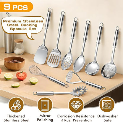 9 Pcs Cooking Utensils Set, Stainless Steel Kitchen Utensils, Heat Resistant