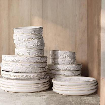 Artena Pasta Bowls, 50oz Large Salad Serving Bowls, 9.75'' Plates Bowl Set of 4, Big White Ceramic Soup Bowl for Kitchen, Embossment Shallow Dinner Bowl, Microwave Dishwasher Safe, Damask Floral