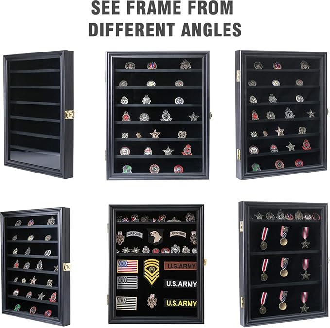 Military Challenge Coin Medals Pins Collector Display Case Lockable Wall Frame Wood Cabinet Black Shadow Box with Removable Shelves and Pinnable Background for Badges Patches Insignia Ribbons Brooches