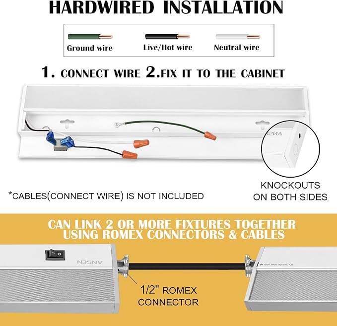 Ansen Hardwired Under Cabinet Lighting, 48in 26W LED Light