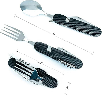 6-in-1 Multi-Function Camping Utensil Flatware Set Detachable Spoon Fork Knife Combo Mess Kit with Carrying Pouch(Black + Blue + Red)