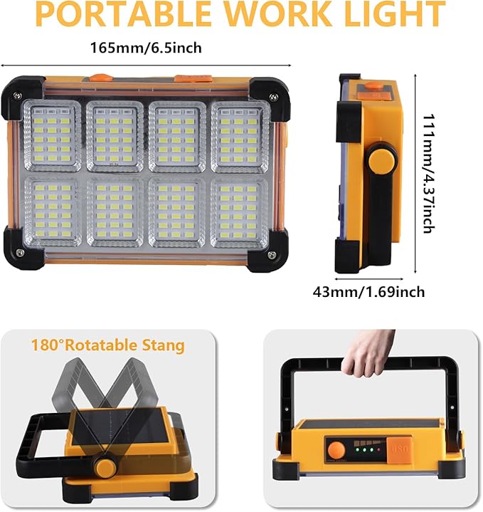 120W Solar Rechargeable Work Light, 144 LED 10000LM Portable Flood Light with Stand, IP66 Waterproof 4 Modes LED Job Site Lighting Flashlights for Mechanic Camping Fishing Car Repair