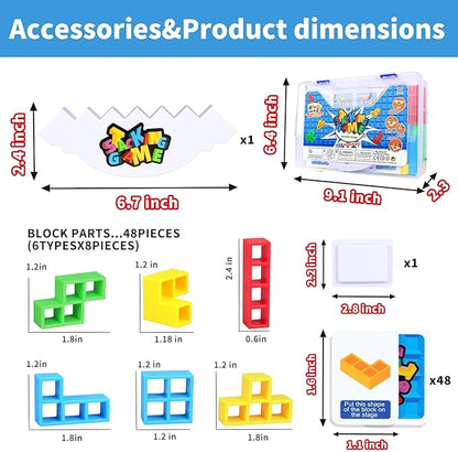 48PCS Stack Game for Adult & Kids, Tetra Board Tower Games for Family Travel Party, 2 Players Balance Stacking Toy, Team Toys Building Block
