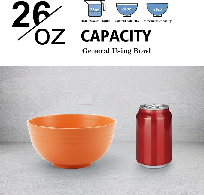 Wheat Straw Bowl Sets,8 PCS Unbreakable Cereal Bowls 26 OZ,Microwave and Dishwasher Safe Bowl Sets, Bowls suitable for picnic,camping and R.V. (Orange)