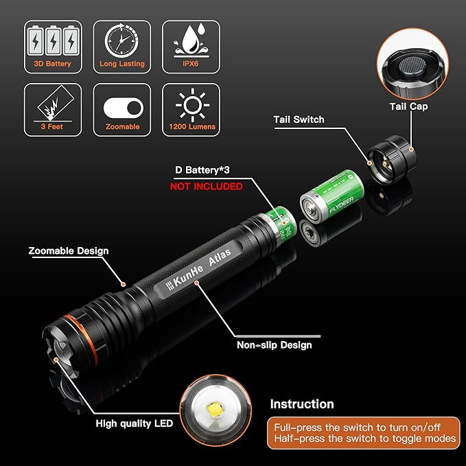 KunHe Heavy Duty 3D Cell LED Flashlights Large Aluminum Zoomable High Lumens-1200 LM Battery Powered Single Mode Flash Light- Big Flashlight for Home Emergency Power Outages Camping Car