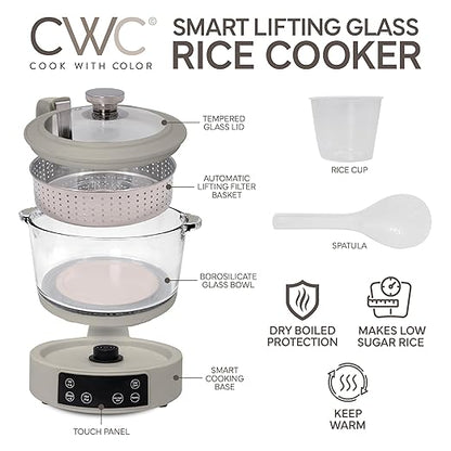 COOK WITH COLOR 3L Glass Mini Low Carb Rice Cooker – Holds 2 Cups Raw/Makes 6