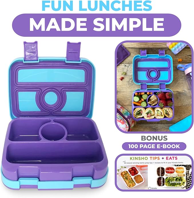 kinsho Bento Lunch Box for Kids Toddlers, 4 Portion Sections Secure Lid, Microwave Safe BPA Free Removable Tray, Pre-School Kid Daycare Lunches Snack Container Ages 3 to 5 Blue Purple