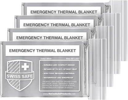 Swiss Safe 4 Pack Mylar Emergency Blankets for Survival - Compact & Insulated for Cold Weather - Designed for NASA, Outdoor, Running, Camping, Survival, First Aid Car Kit - Silver, 4 Pack