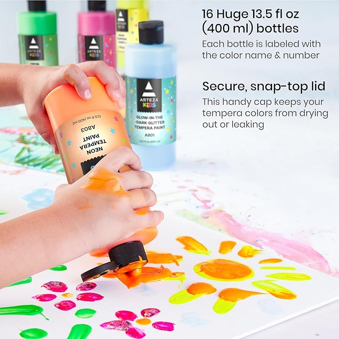 ARTEZA 16 Kids Tempera Paint Set, 13.5 oz/400 ml, Non-Toxic Washable Tempera Paint Bottles, Kids Art Supplies