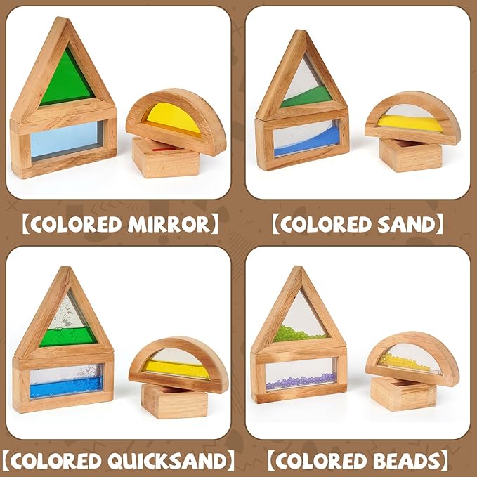 AXEARTE Large Rainbow Sensory Toys Wooden Building Blocks for Toddlers Baby Kids, 16 Pcs Colorful Geometry Stacking Construction Toy Set, Preschool Educational Toy for Boys & Girls