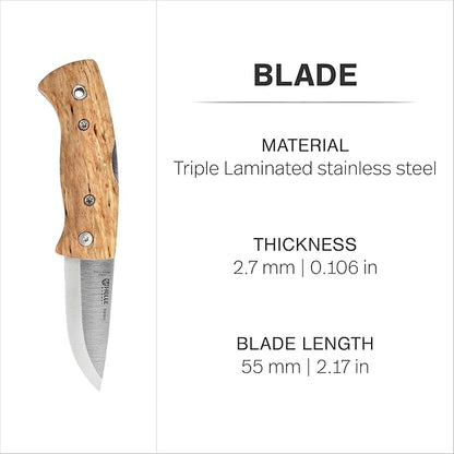 HELLE Knives - Kletten - Folding EDC Pocket Knife - Birch Wood Handle - Triple Laminated Stainless Steel - Made in Norway