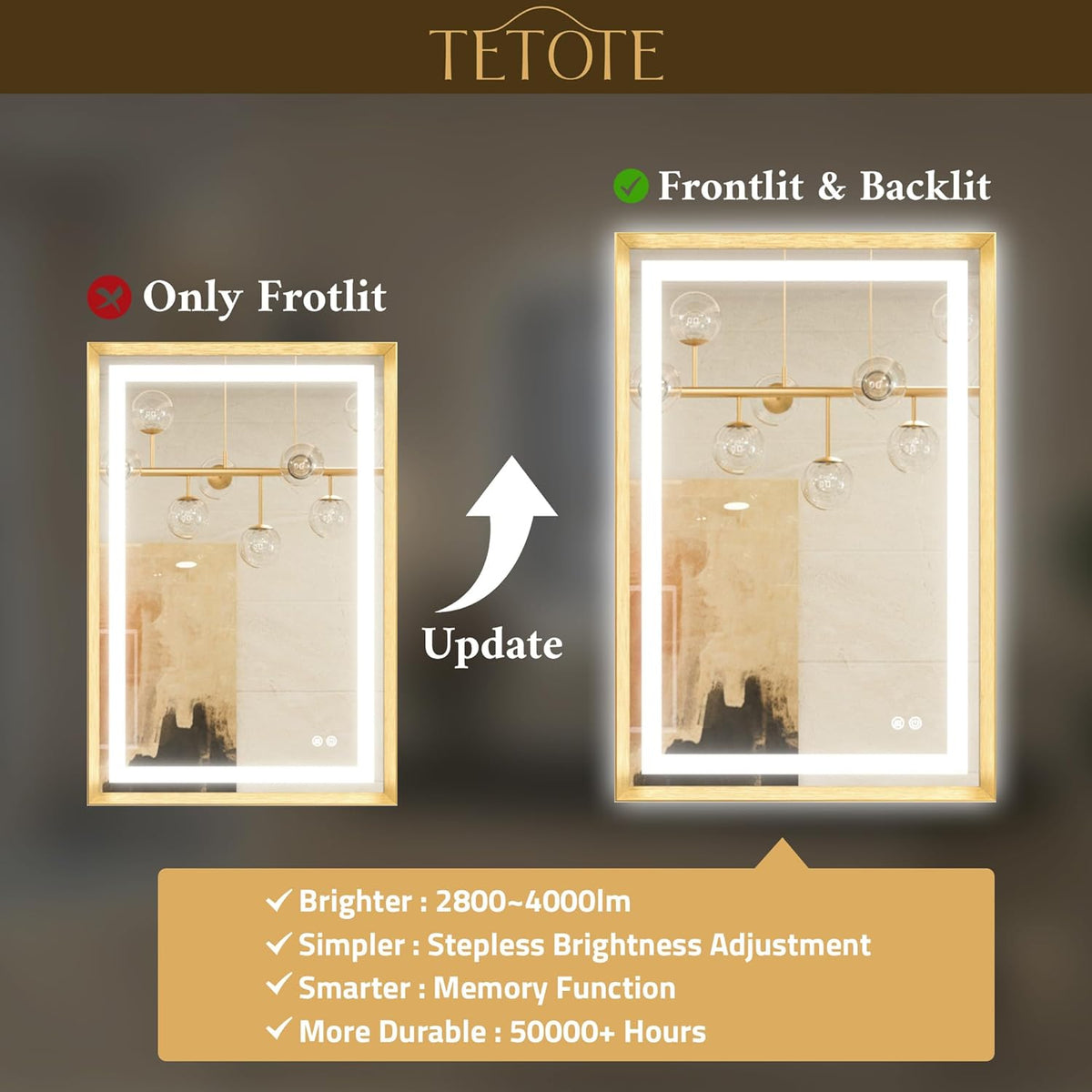 Led Bathroom Mirror 30 x 30 with Brushed Gold Frame Anti-Fog Frontlit & Backlit Vanity Mirror Stepless Dimmable Lighted Mirrors for Bathroom Wall 3 Colors White/Warm/Natural Wall-Mounted