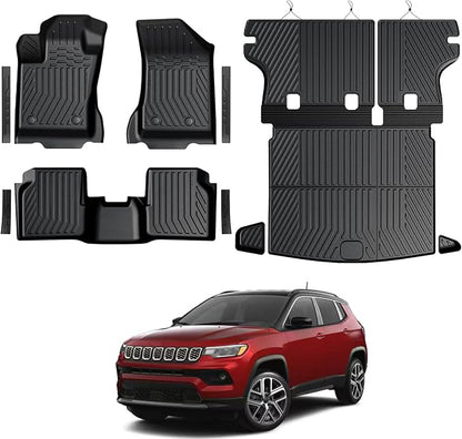 Floor Mats for Jeep Compass 2017-2026, All Weather Floor Mats Cargo Liner with Backrest Protectors and Door Sill Guards Accessories, Full Coverage Set (Fit New Body Style 2nd Generation)