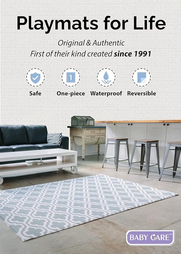 Baby Care Play Mat (Large, Moroccan - Blue) 82'' x 55'' Original One-Piece Reversible Rollable Waterproof Play Mat for Infants, Babies, Toddler, and Kids