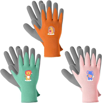 MIG4U Kids Gardening Gloves 3 Pairs, Rubber Coated Yard Work Gloves Waterproof Durable for Boys and Girls