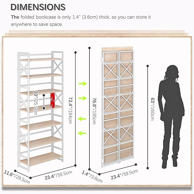 4NM 7 Tiers No Assembly Book Shelves, 72.4" H Folding Bookshelf Bookcase Open